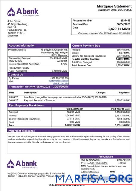 Downloadable Myanmar A Bank mortgage statement Word and PDF template